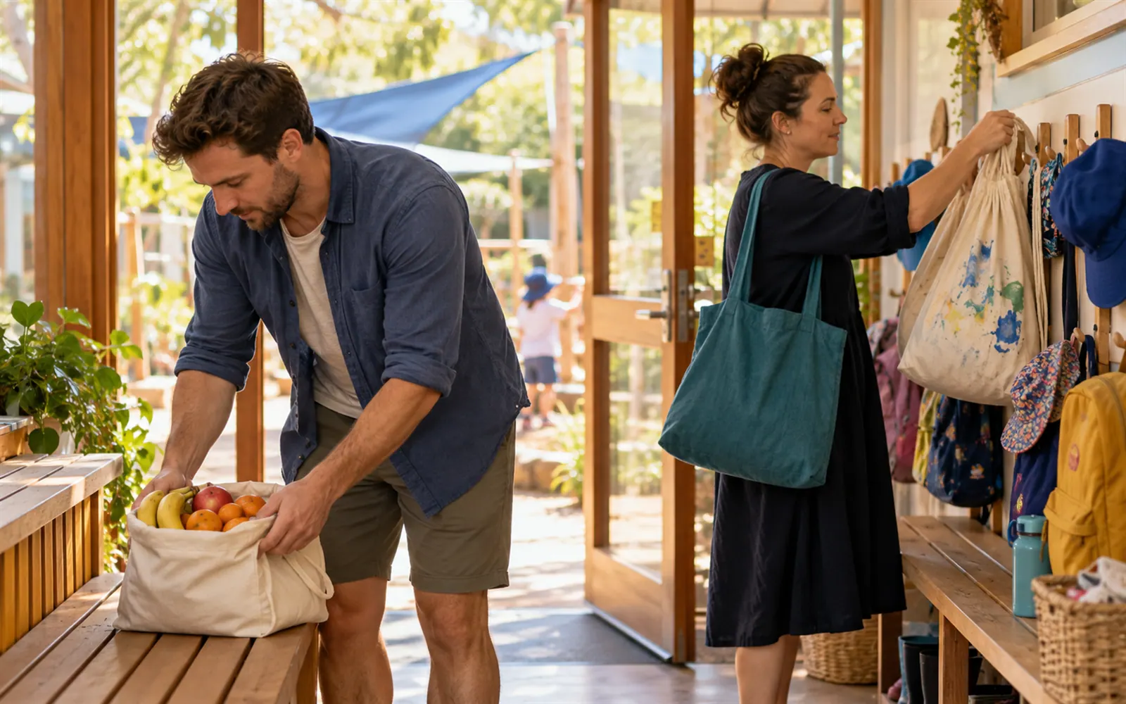 At the kindy door, a father drops off the fruit bag while a mother collects the laundry bag of paint smocks.