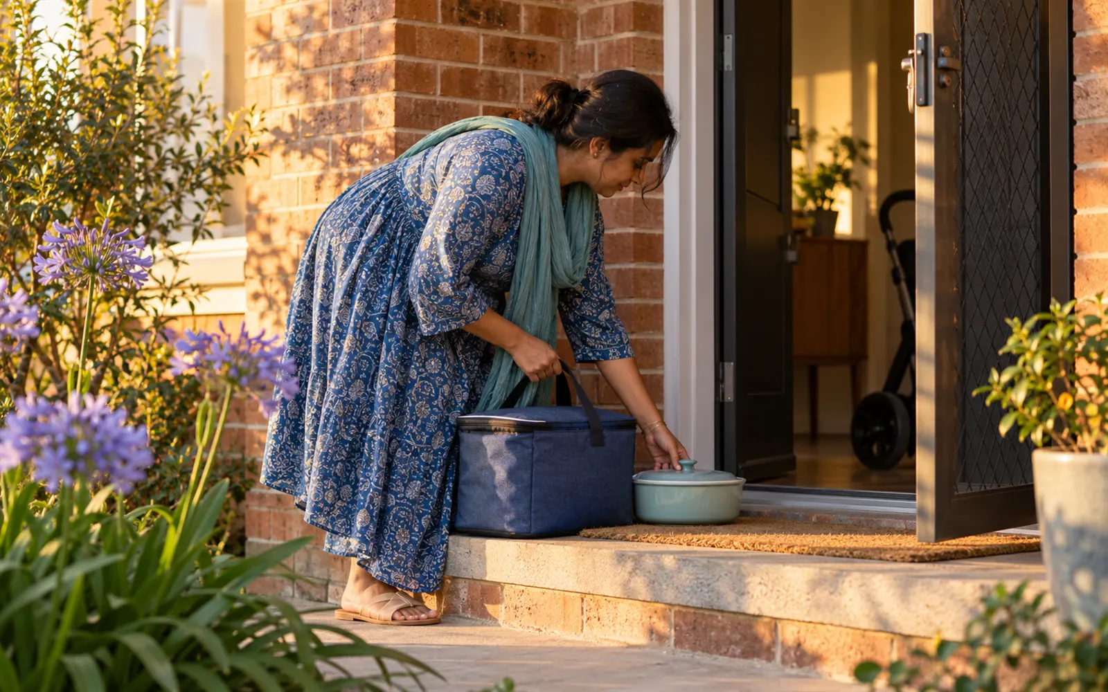 A friend leaving a covered dish and a cool bag on the doorstep of a family’s home in the late afternoon.
