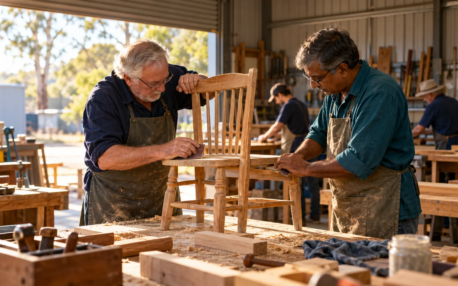 Two older men hand-sanding a timber chair in a community workshop.