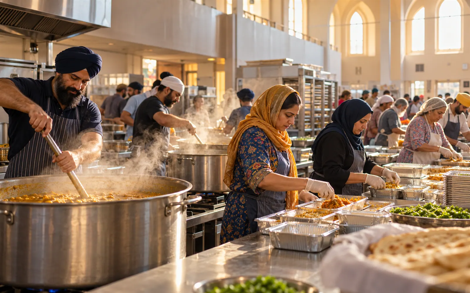 Volunteers cooking in large steel pots in a community kitchen before a festival.