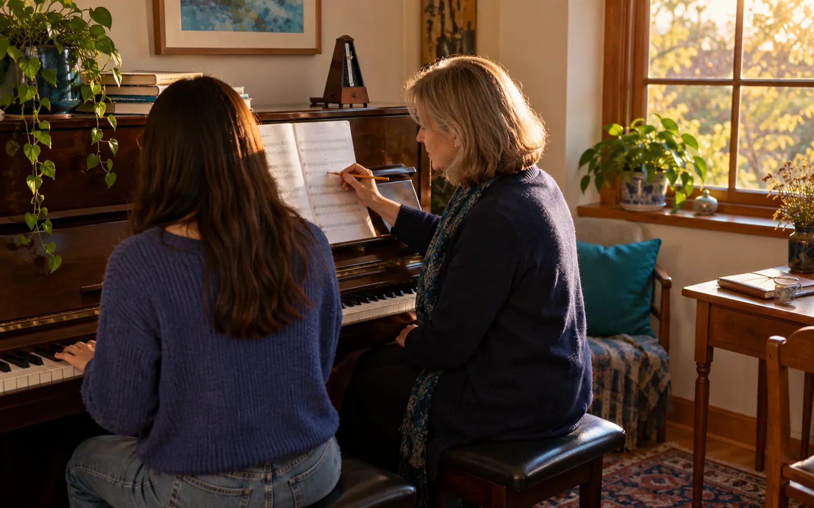 A piano teacher marks the music on the stand while a student plays an upright piano in a sunlit home studio.