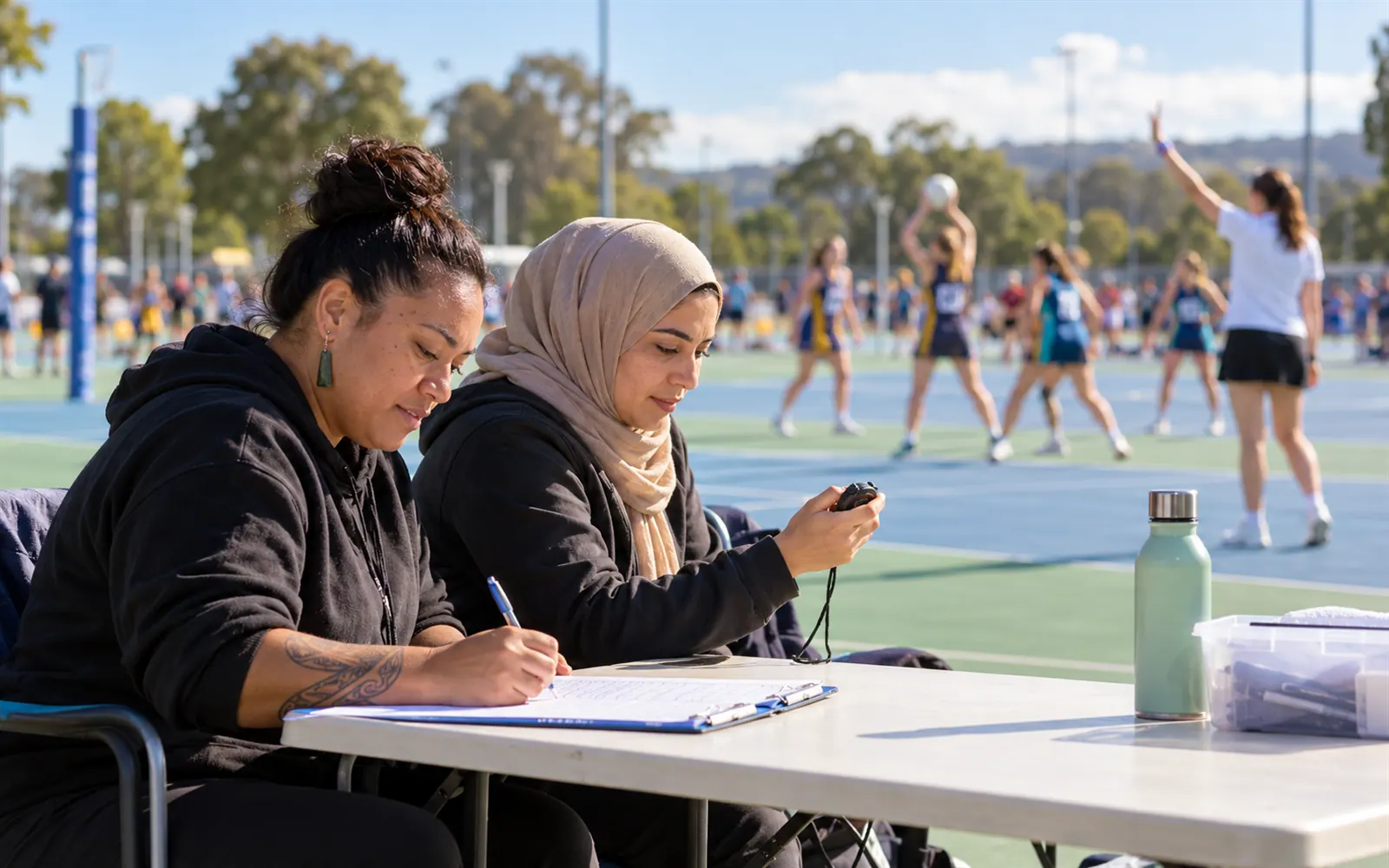 Two volunteers at a courtside table keeping score and time during a Saturday netball game.