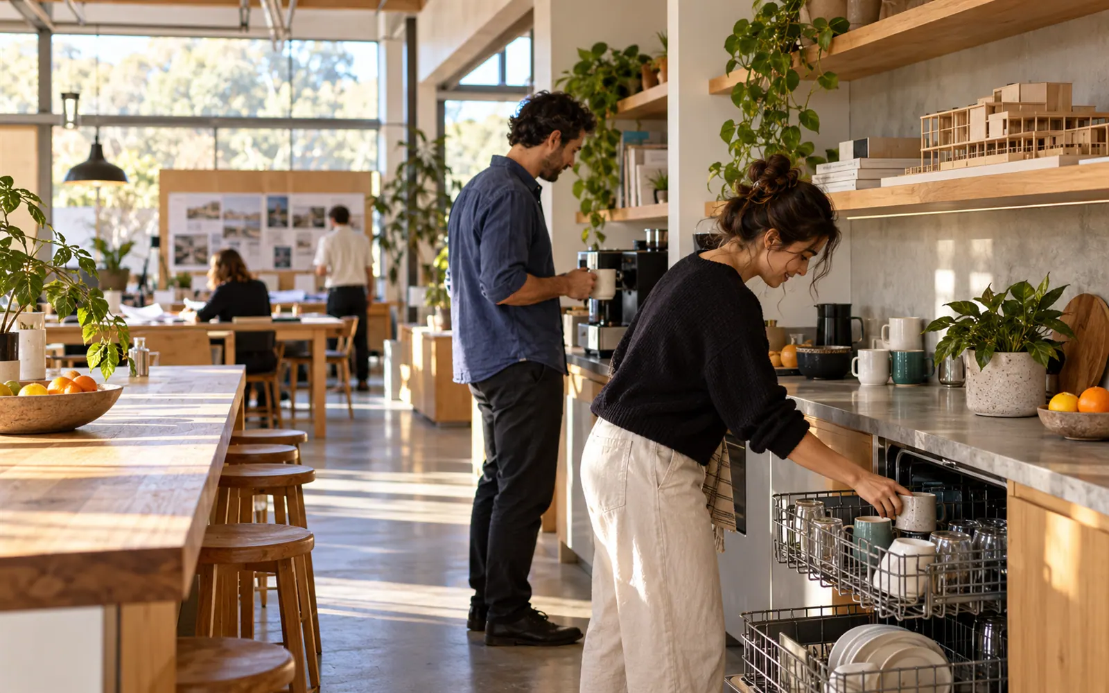 An office worker unloads the dishwasher while a colleague waits for the coffee machine.