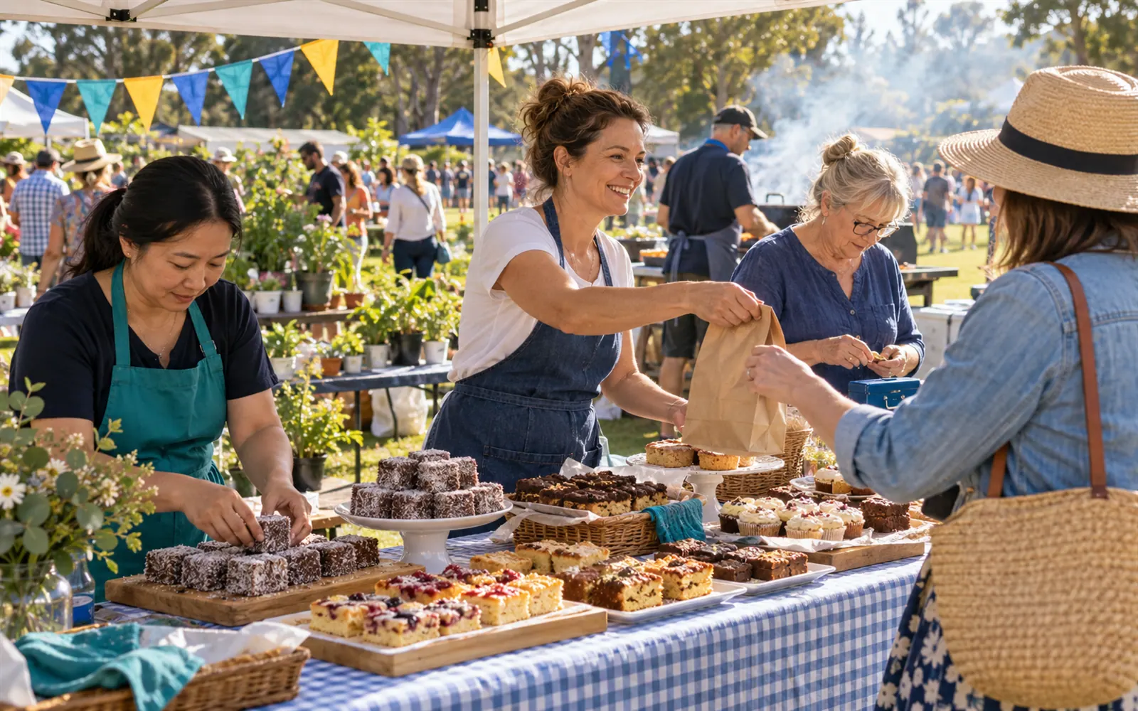 Parent volunteers run the cake stall under a gazebo at a school fete, with the barbecue and plant stall behind.