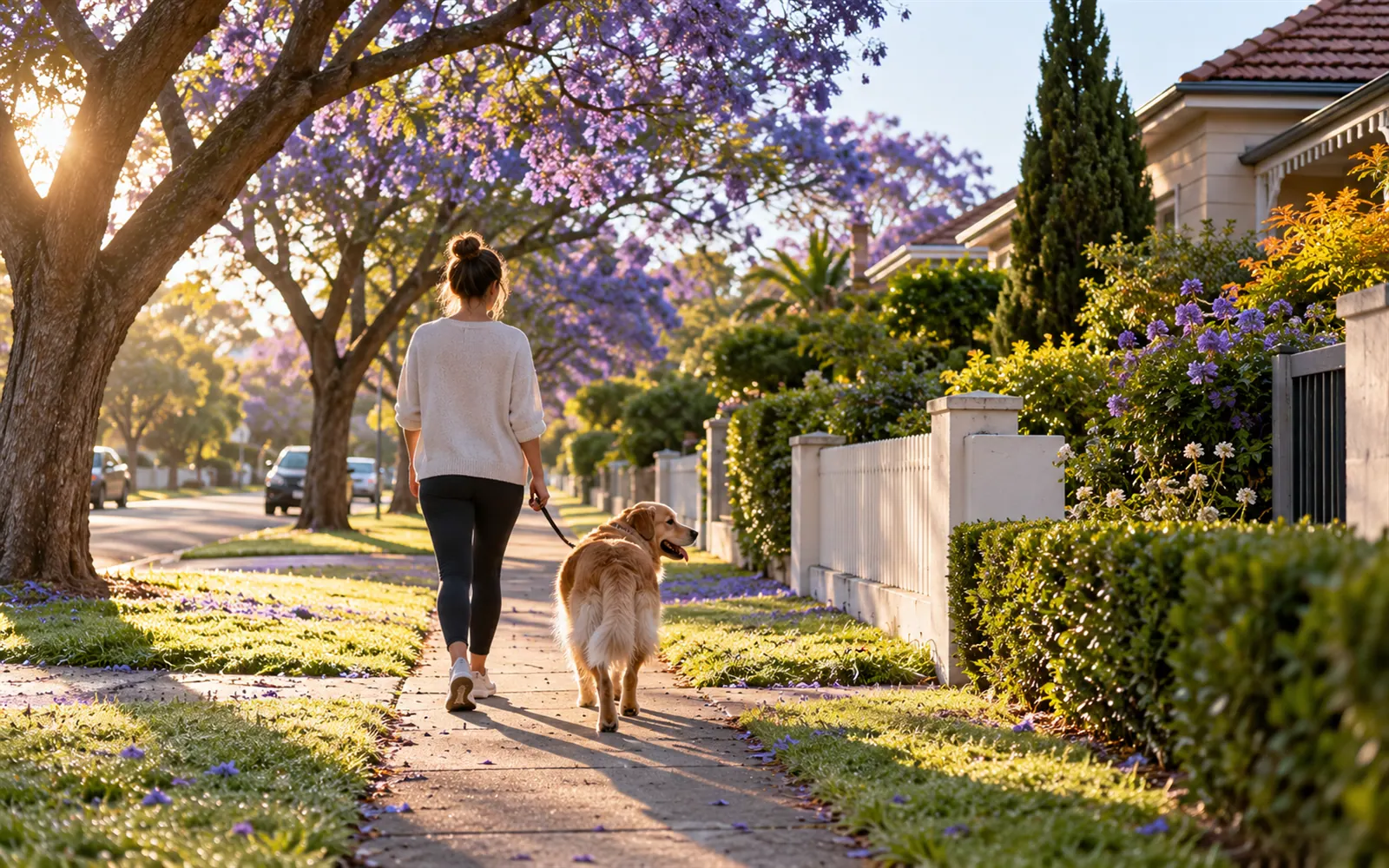 An adult walking a dog along a suburban street.