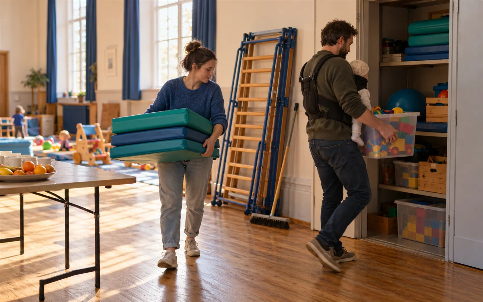 Two parents stack play mats and carry a toy tub back to the cupboard at the end of playgroup.