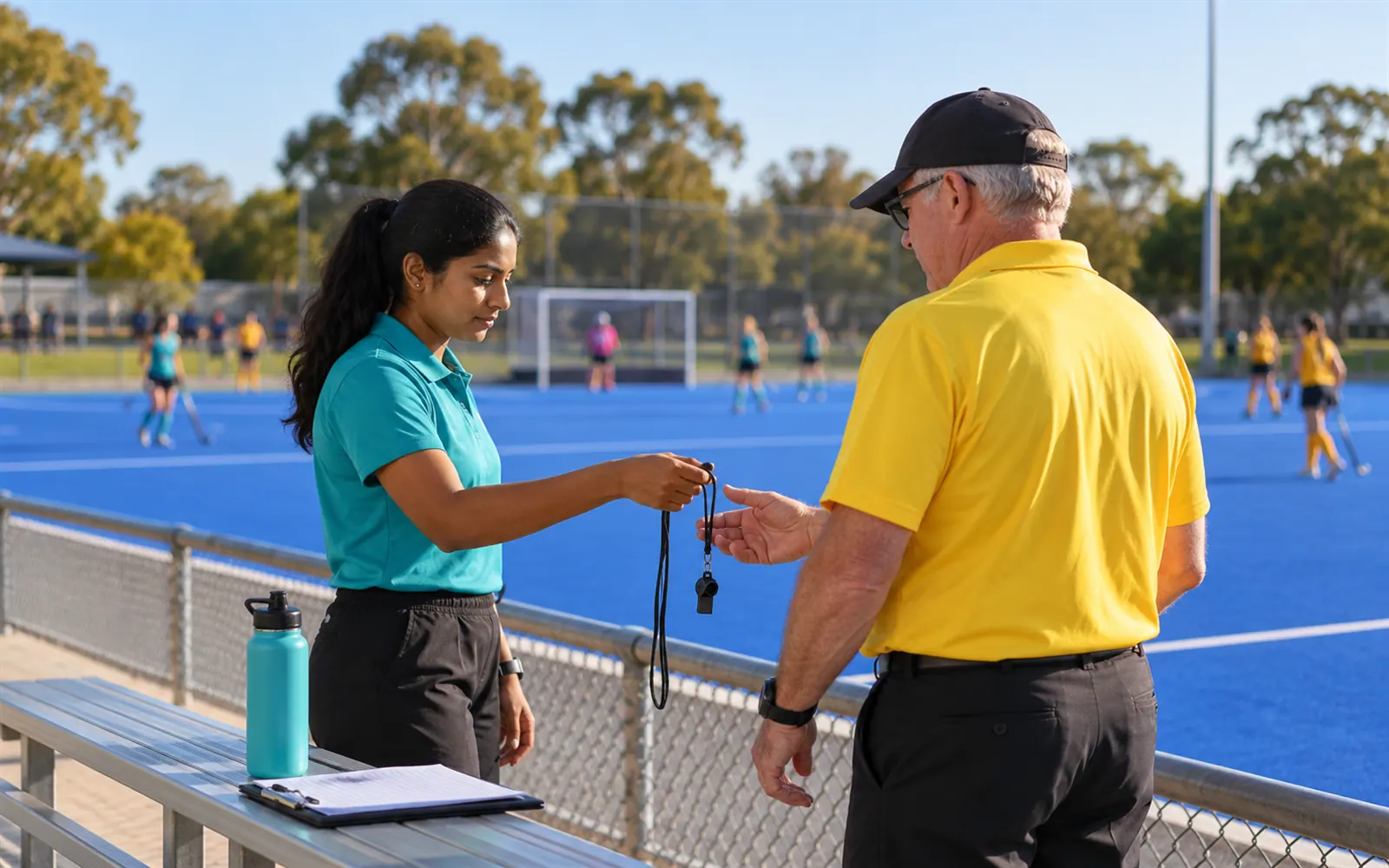 Two club umpires handing over between games at the edge of a hockey pitch.