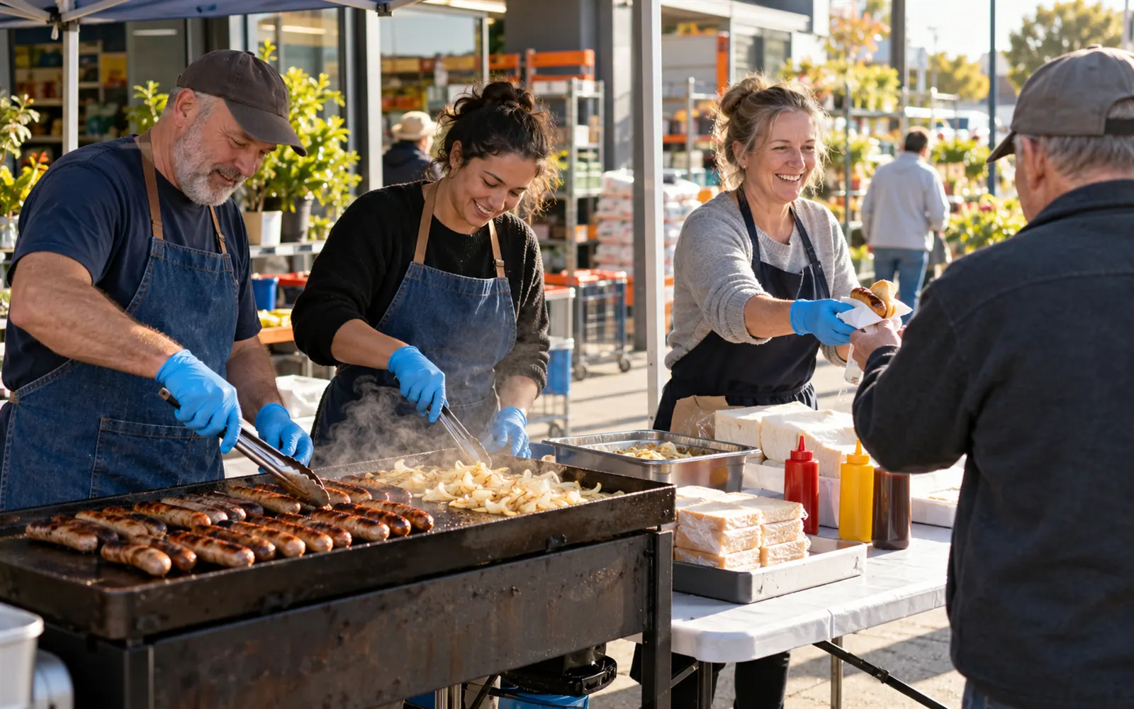 Volunteers cooking sausages and onions on a hotplate under a gazebo at a fundraising BBQ.