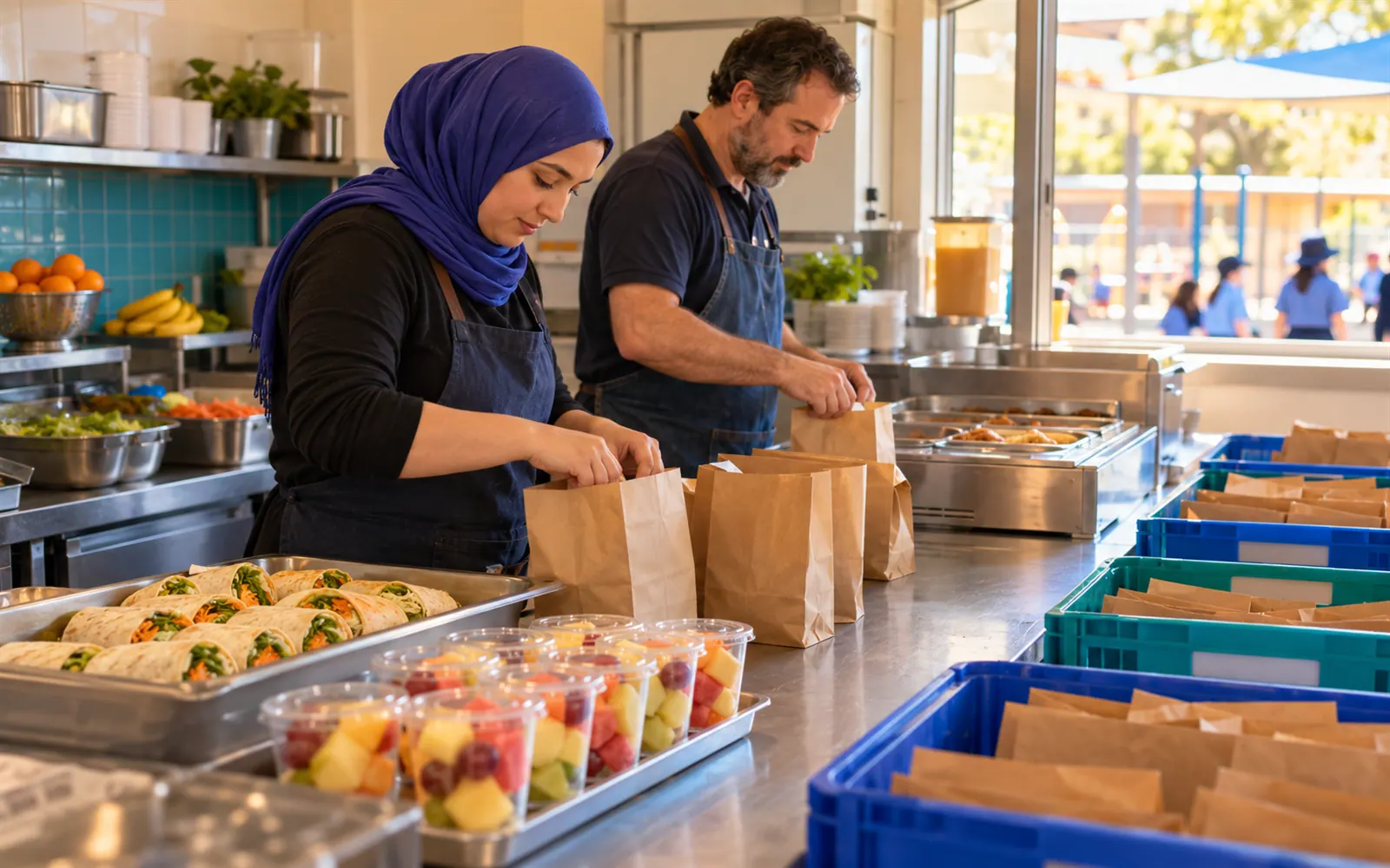Two parent volunteers pack lunch-order bags on a stainless steel bench in a school tuckshop.