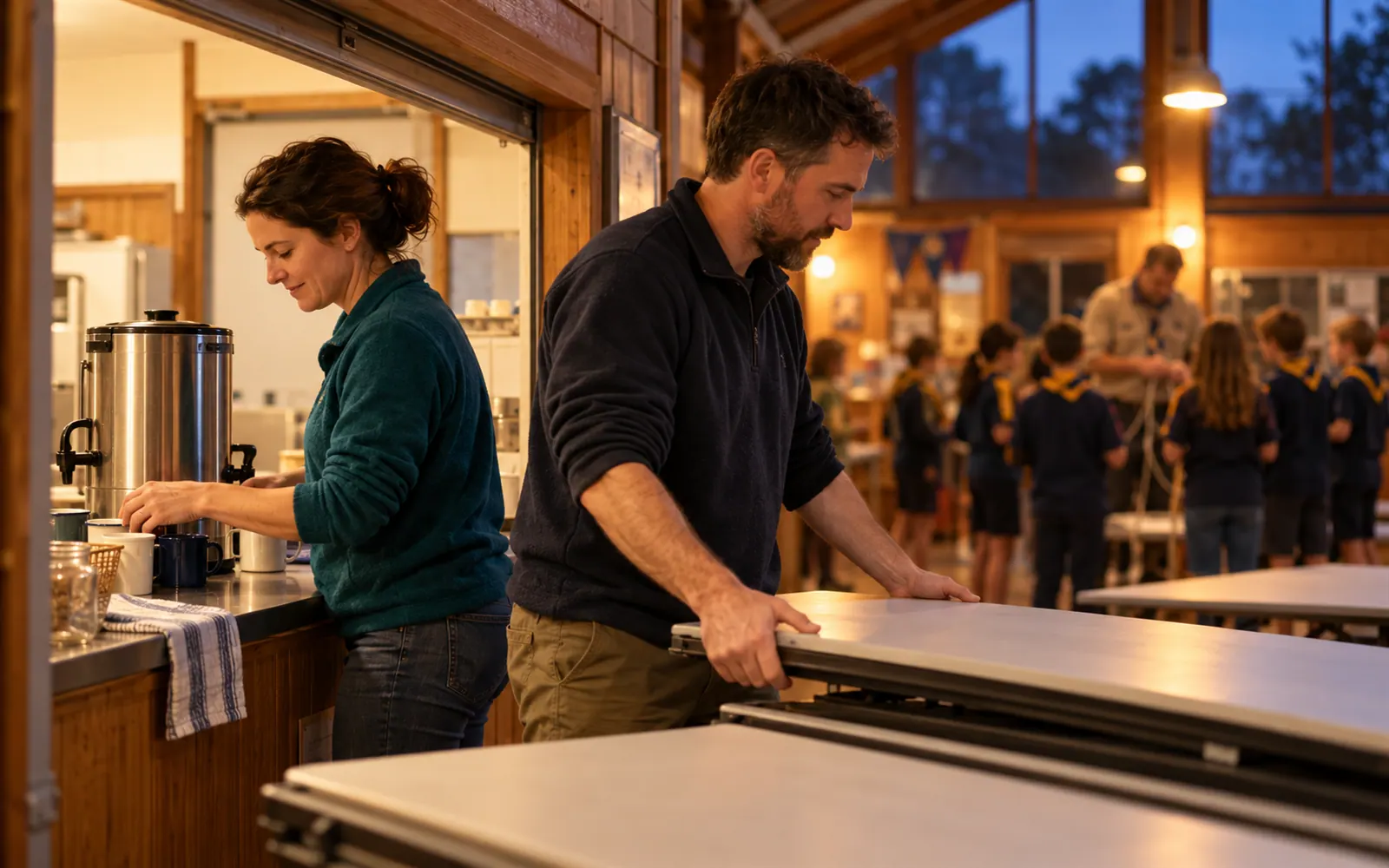 Two parents setting up supper in a scout hall kitchen while a youth group activity happens in the background.