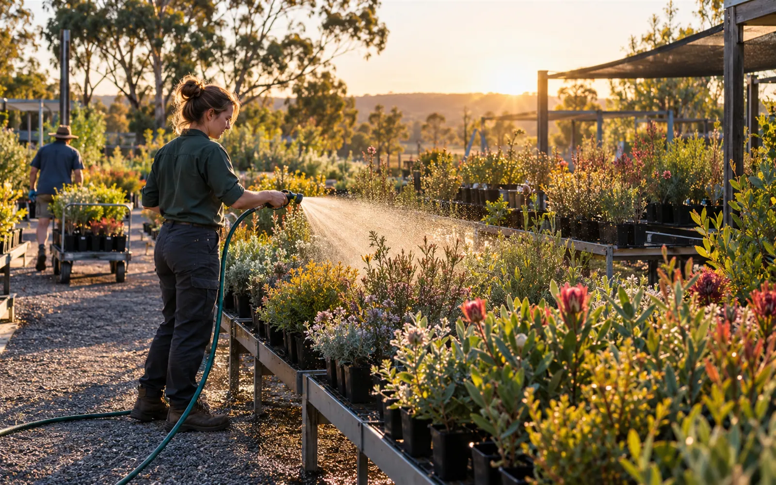 A garden centre worker waters potted plants at sunrise before opening.