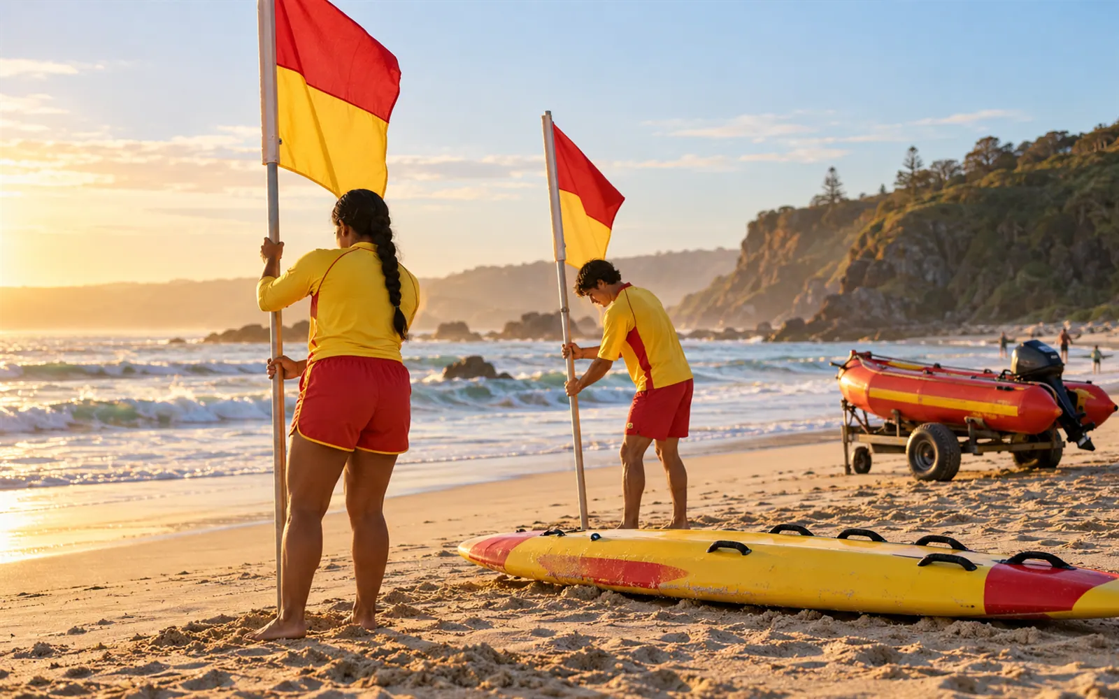 Two volunteer patrol members setting up the beach flags on a calm morning, with a rescue board on the sand.