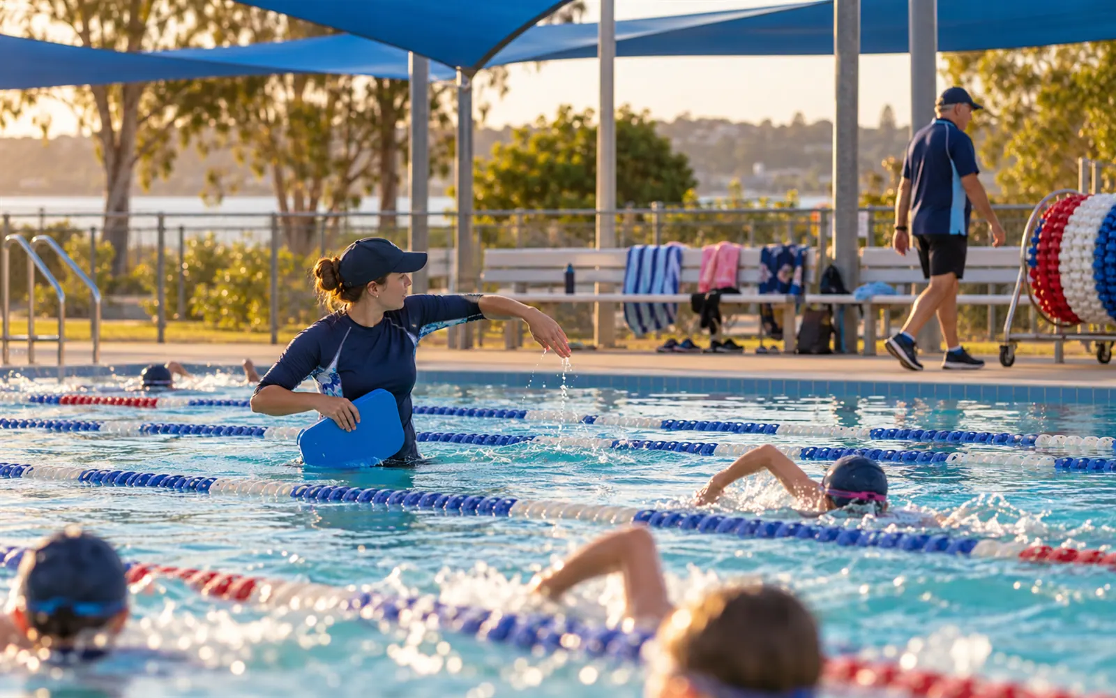 A swim instructor stands in a pool lane with a kickboard, demonstrating a stroke during an afternoon lesson.