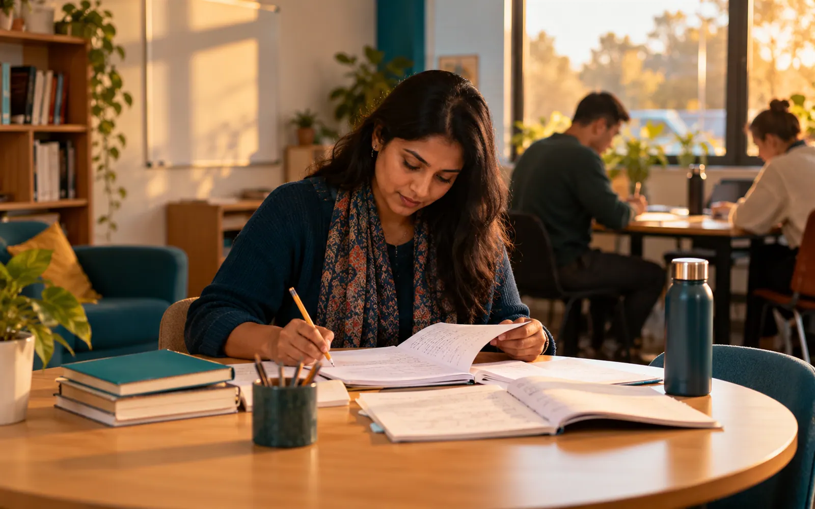 An adult tutor preparing a lesson at a table in a tutoring room.