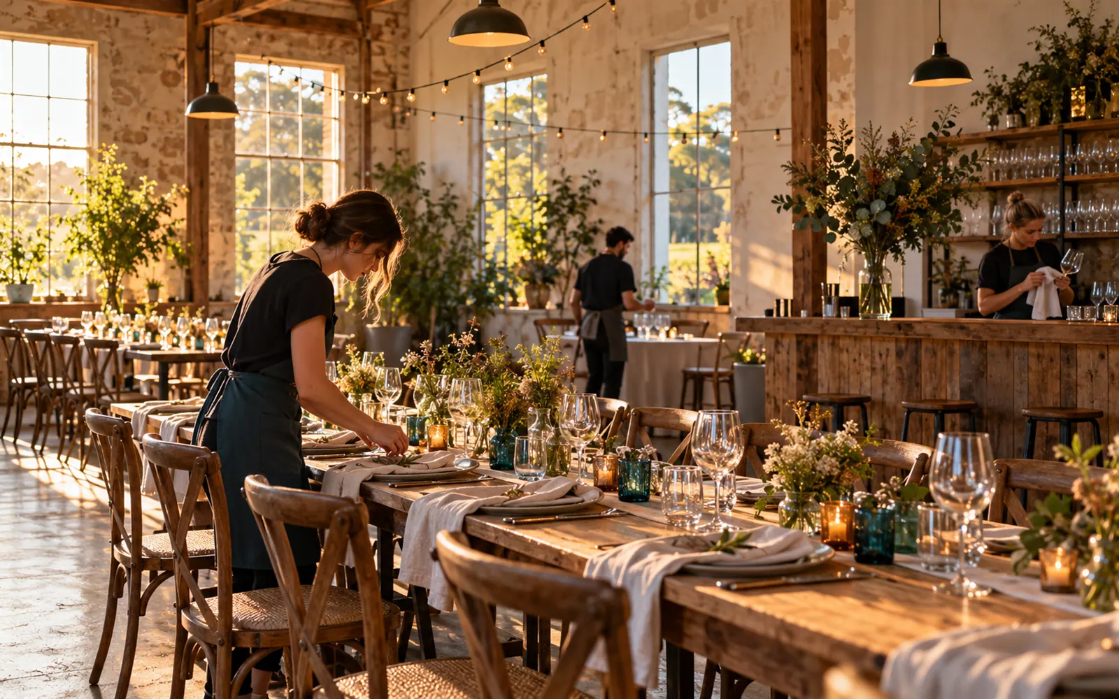 Casual staff set tables and polish glasses before a wedding at a country function venue.