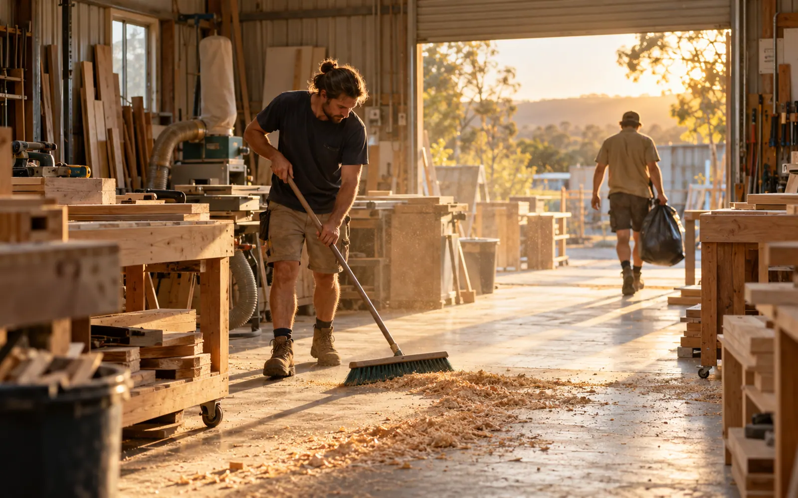 Two joiners do the Friday clean-up, one sweeping sawdust and one taking out the bin.