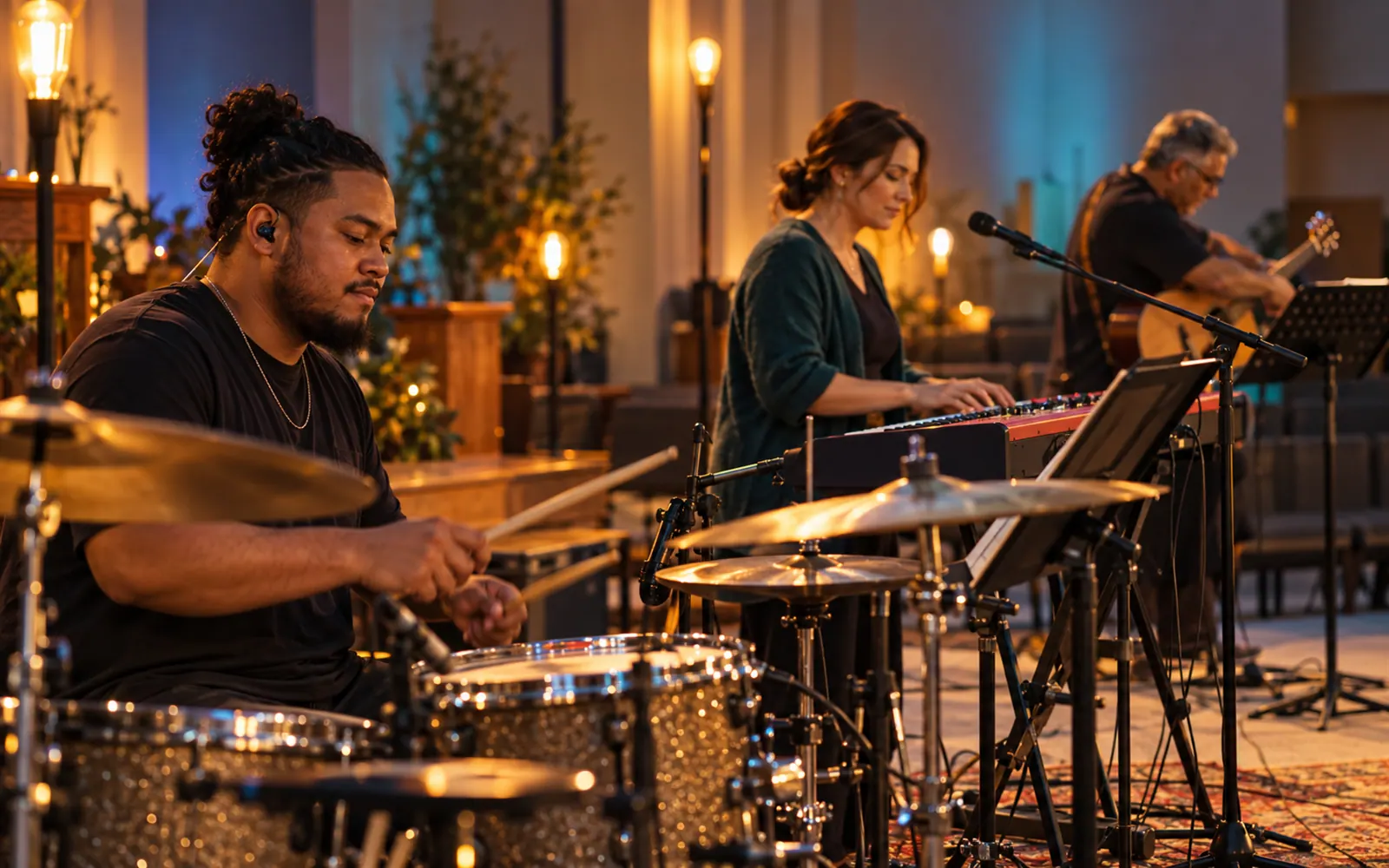 A small church band rehearsing on a weeknight: drums, keyboard and acoustic guitar.
